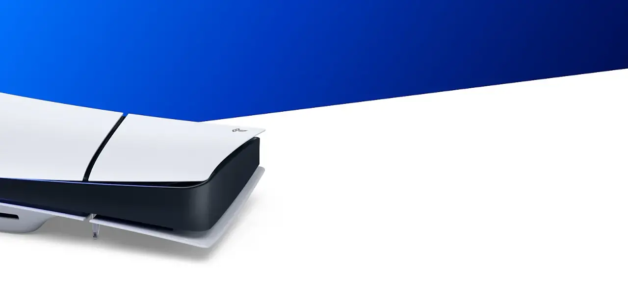 PlayStation 5 disc console displayed horizontally on a blue studio background
