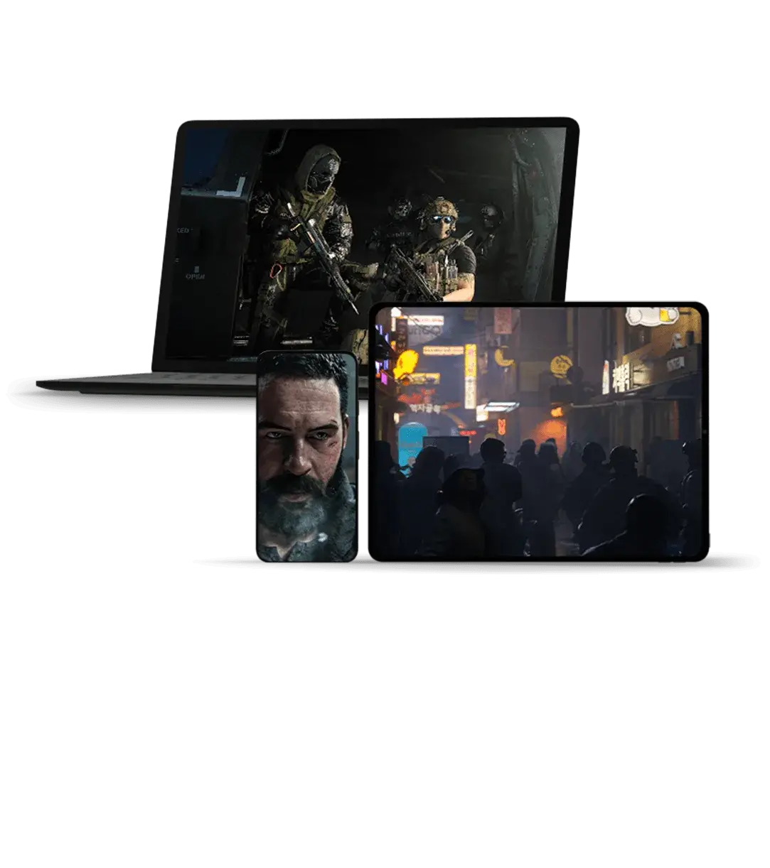 Xbox Cloud Gaming illustration showing Modern Warfare 4 on a laptop, tablet, and phone